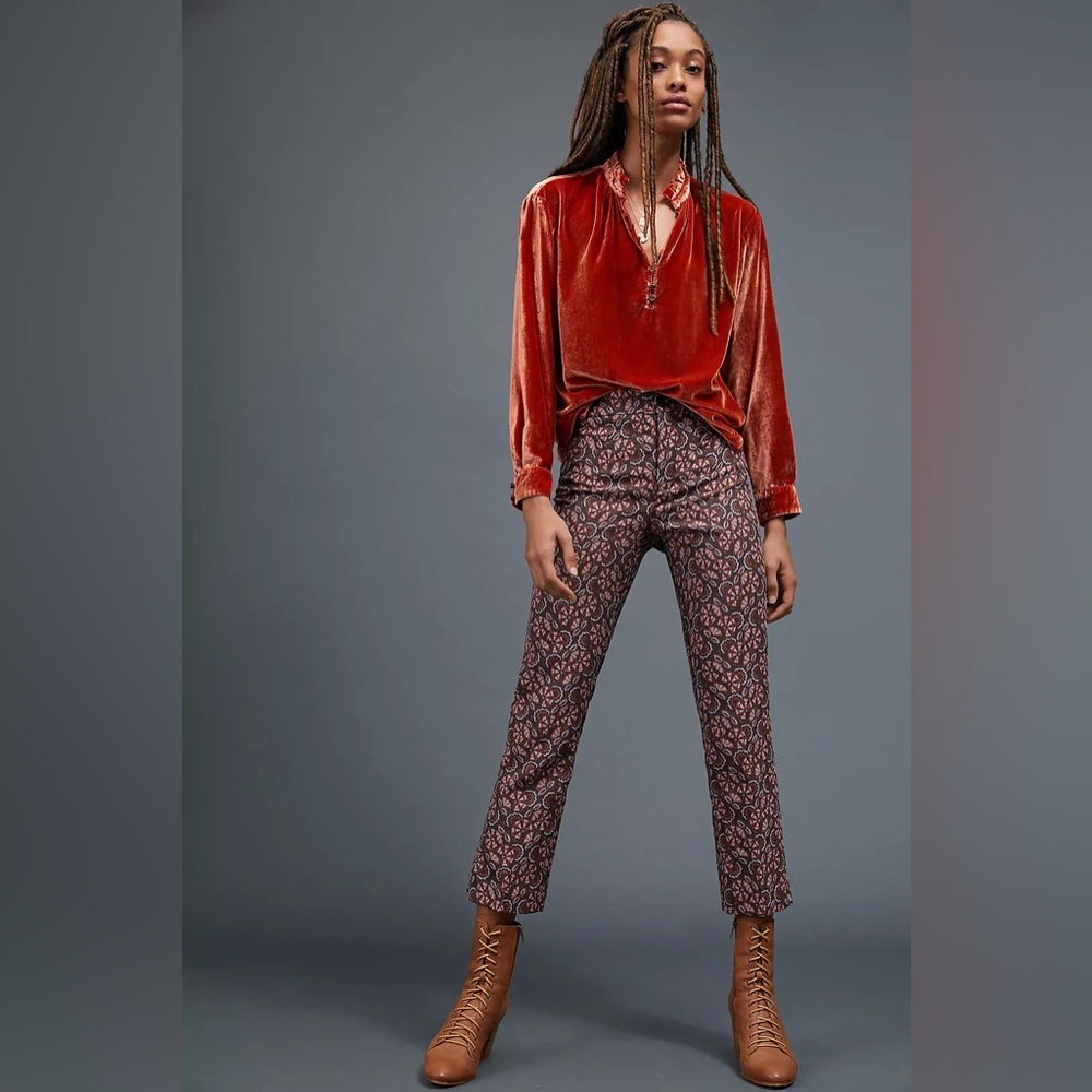 Anthropologie Rust Velvet Top with Patterned Trousers